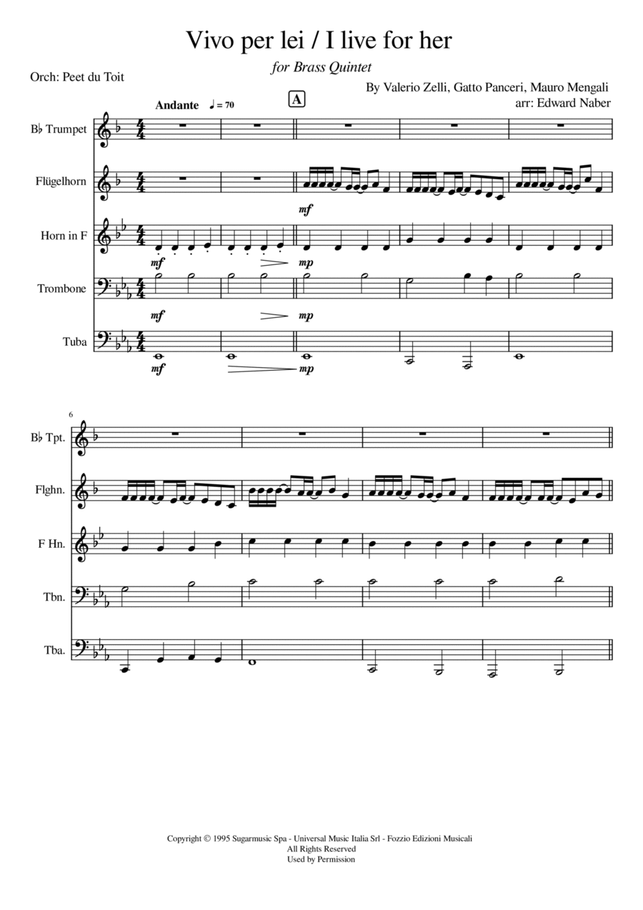 Vivo Per Lei Brass Quintet scores gallery preview page 1