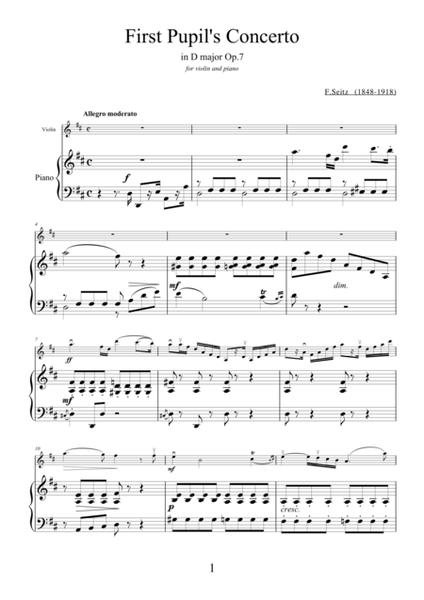 First Pupil's Concerto in D major Op.7 by Friedrich Seitz for violin and piano