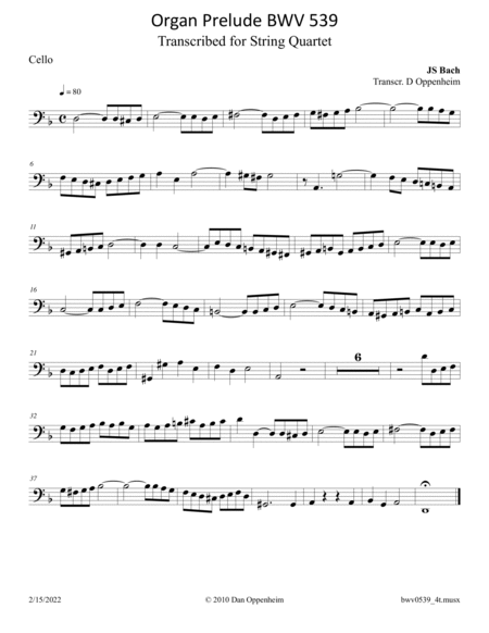 Bach: BWV 539-1 Prelude in D Minor ("Fiddle" Prelude) arr. for String Quartet image number null