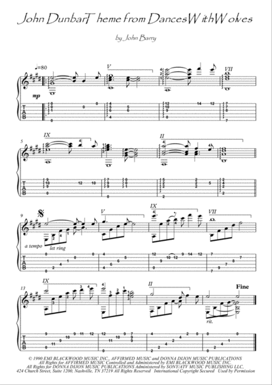 The John Dunbar Theme Guitar Tablature scores gallery preview page 1