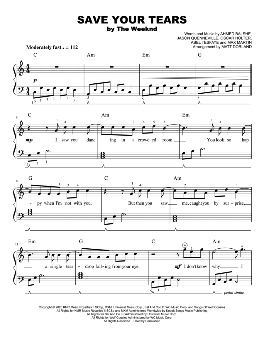 Save Your Tears Easy Piano scores gallery preview page 1