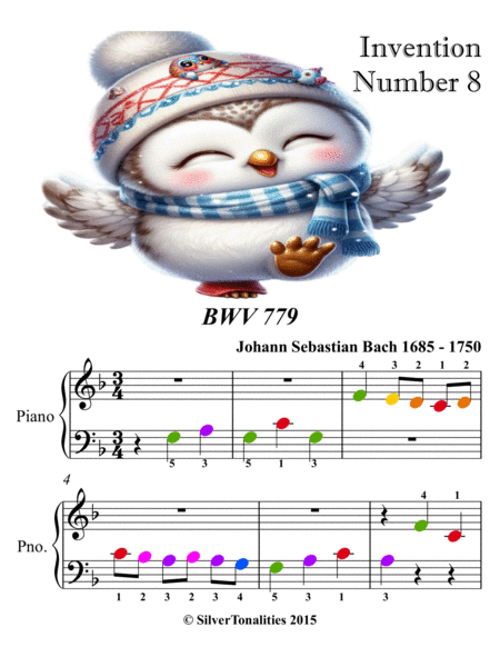 Invention Number 8 BWV 779 Beginner Piano Sheet Music with Colored Notation