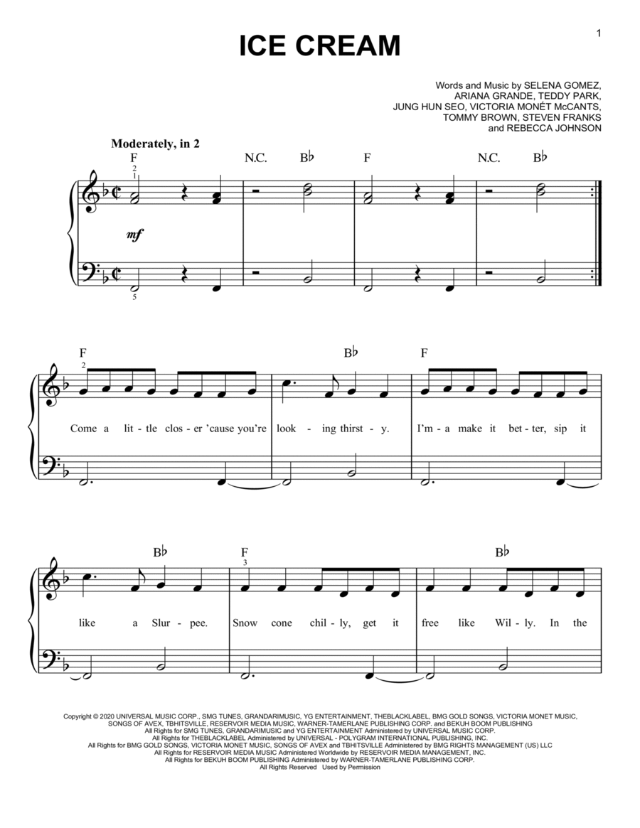 Ice Cream (with Selena Gomez) Easy Piano scores gallery preview page 1