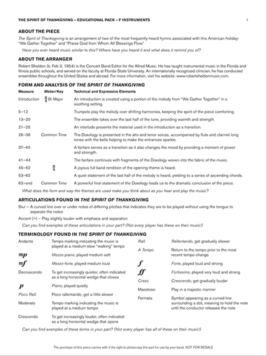 The Spirit of Thanksgiving: F Educational Pack Concert Band scores gallery preview page 1