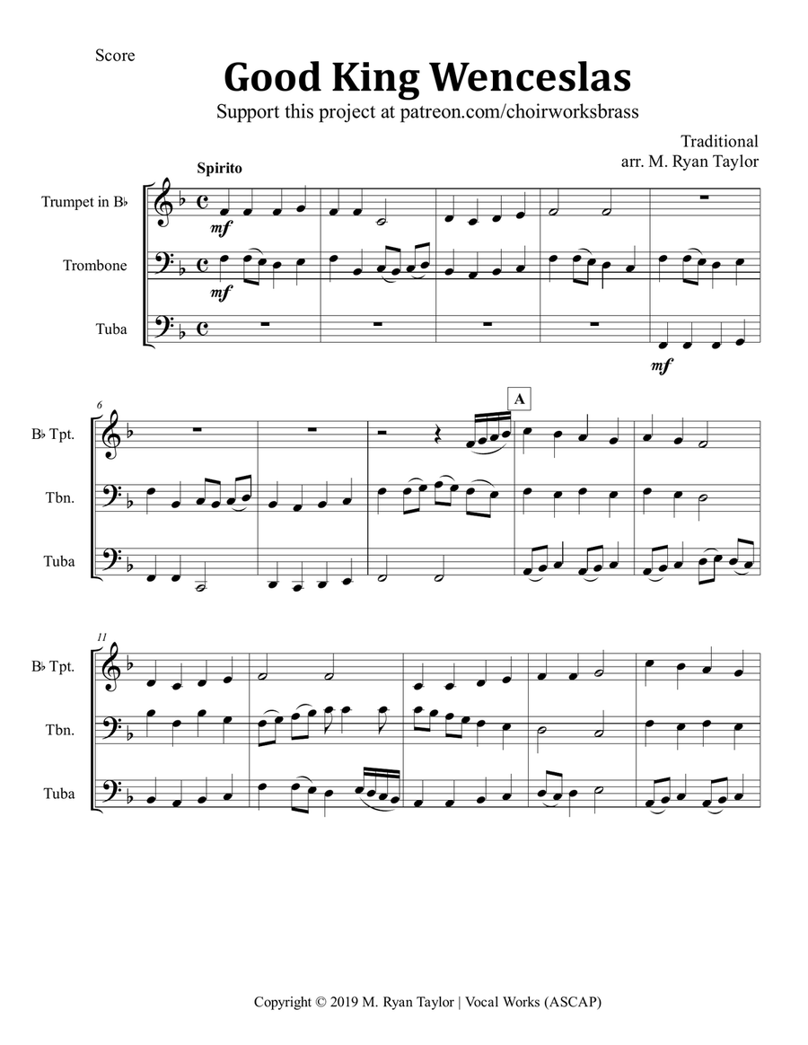 Good King Wenceslas for Brass Trio Trumpet Trombone Tuba