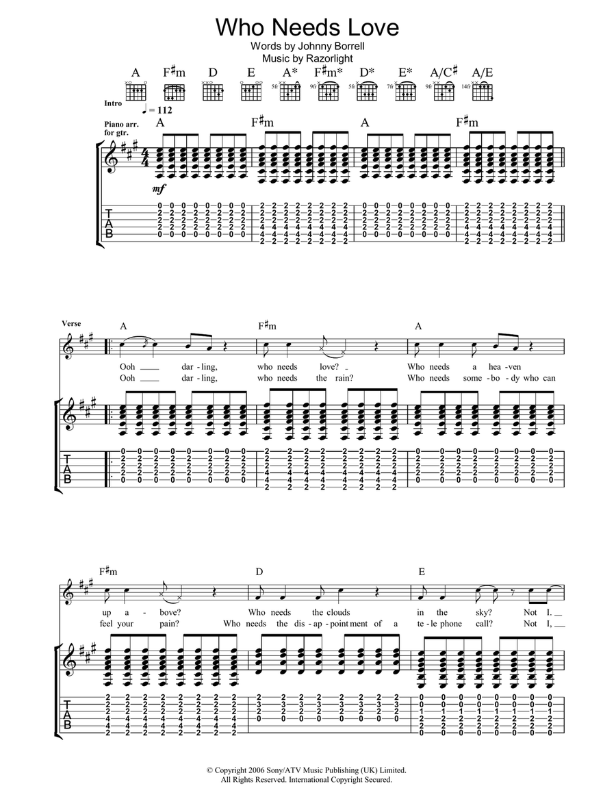 Who Needs Love Guitar Tablature scores gallery preview page 1