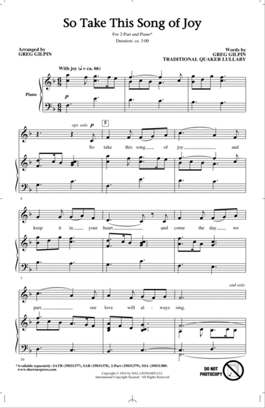 So Take This Song Of Joy 2-Part scores gallery preview page 1