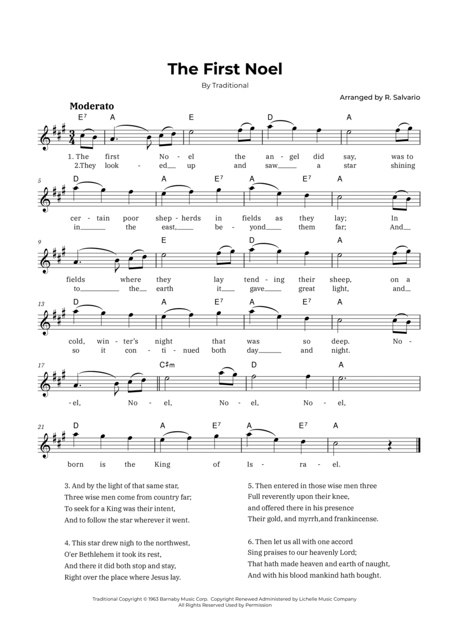 The First Noel (Key of A Major) Easy Piano scores gallery preview page 1