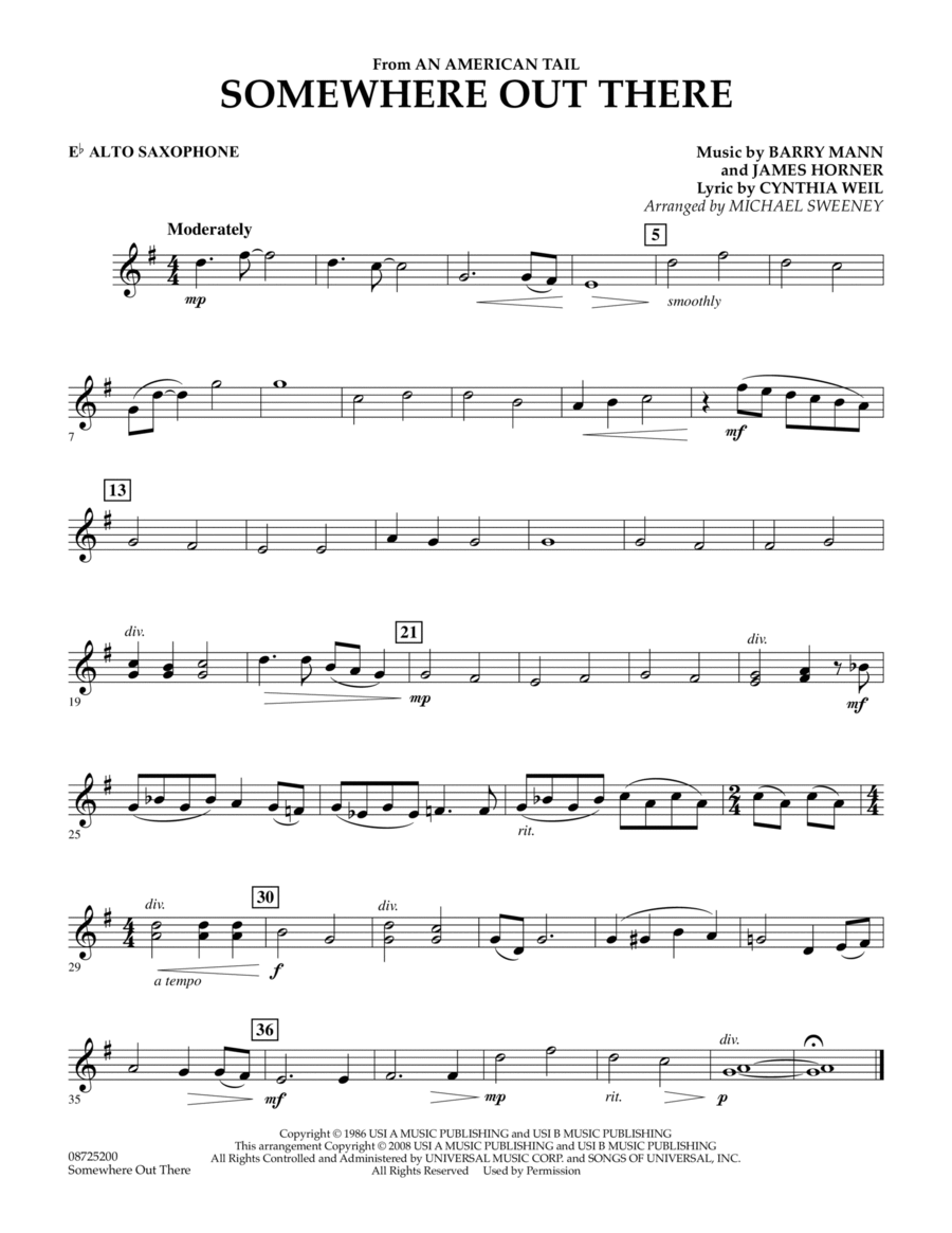 Somewhere Out There (from An American Tail) - Eb Alto Saxophone