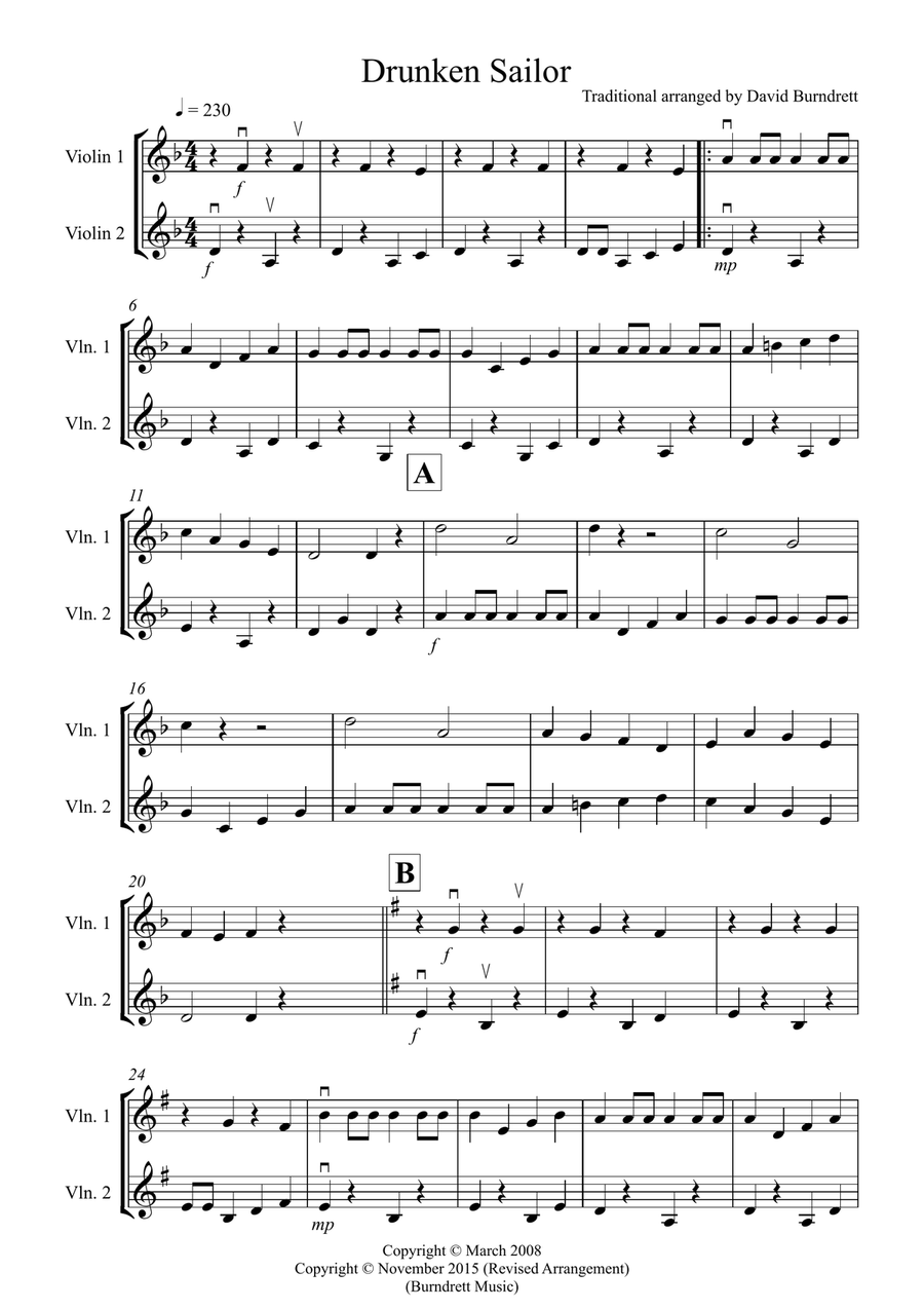 Drunken Sailor for Violin Duet String Duet scores gallery preview page 1