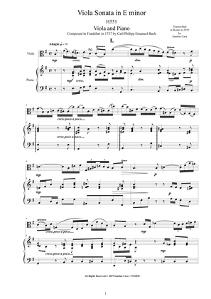 Book cover for Bach CPE - Viola Sonata in E minor H551 for Viola and Piano