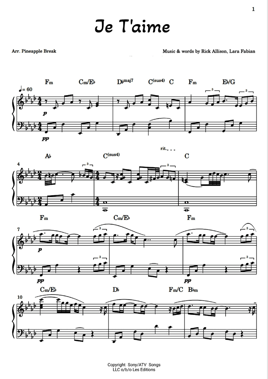 Je T'aime Piano Solo scores gallery preview page 1