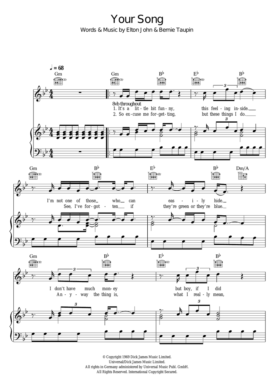 Your Song Piano, Vocal, Guitar scores gallery preview page 1