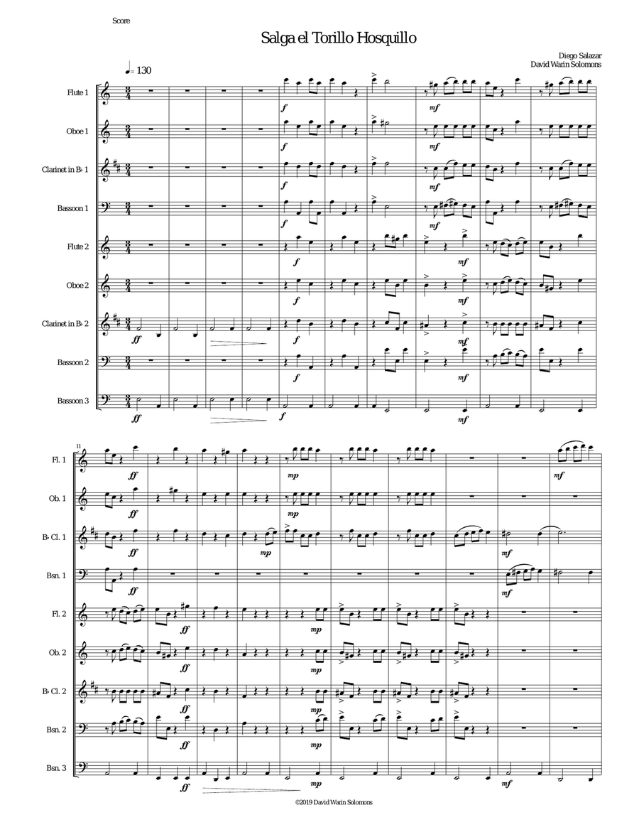 Salga el torillo hosquillo (Let the little wild bull out) arranged for wind nonet Woodwind Ensemble scores gallery preview page 1
