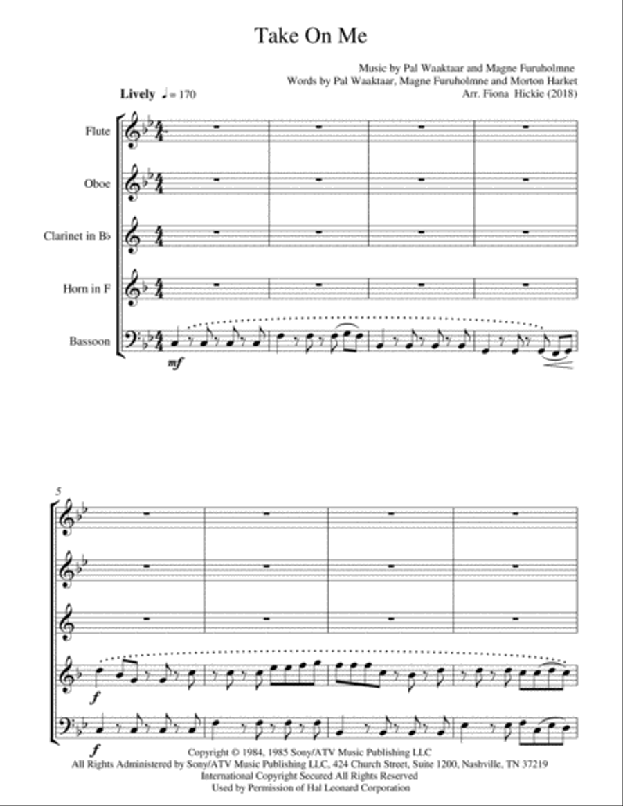 Take On Me Woodwind Quintet scores gallery preview page 2