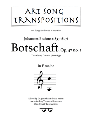 Book cover for BRAHMS: Botschaft, Op. 47 no. 1 (transposed to F major)