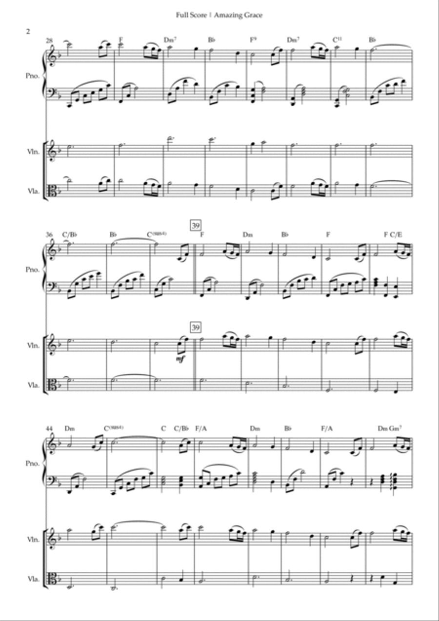 Amazing Grace (John Newton, E. O. Excell) for Violin & Viola Duo and Piano Accompaniment with Chords Piano Trio scores gallery preview page 2