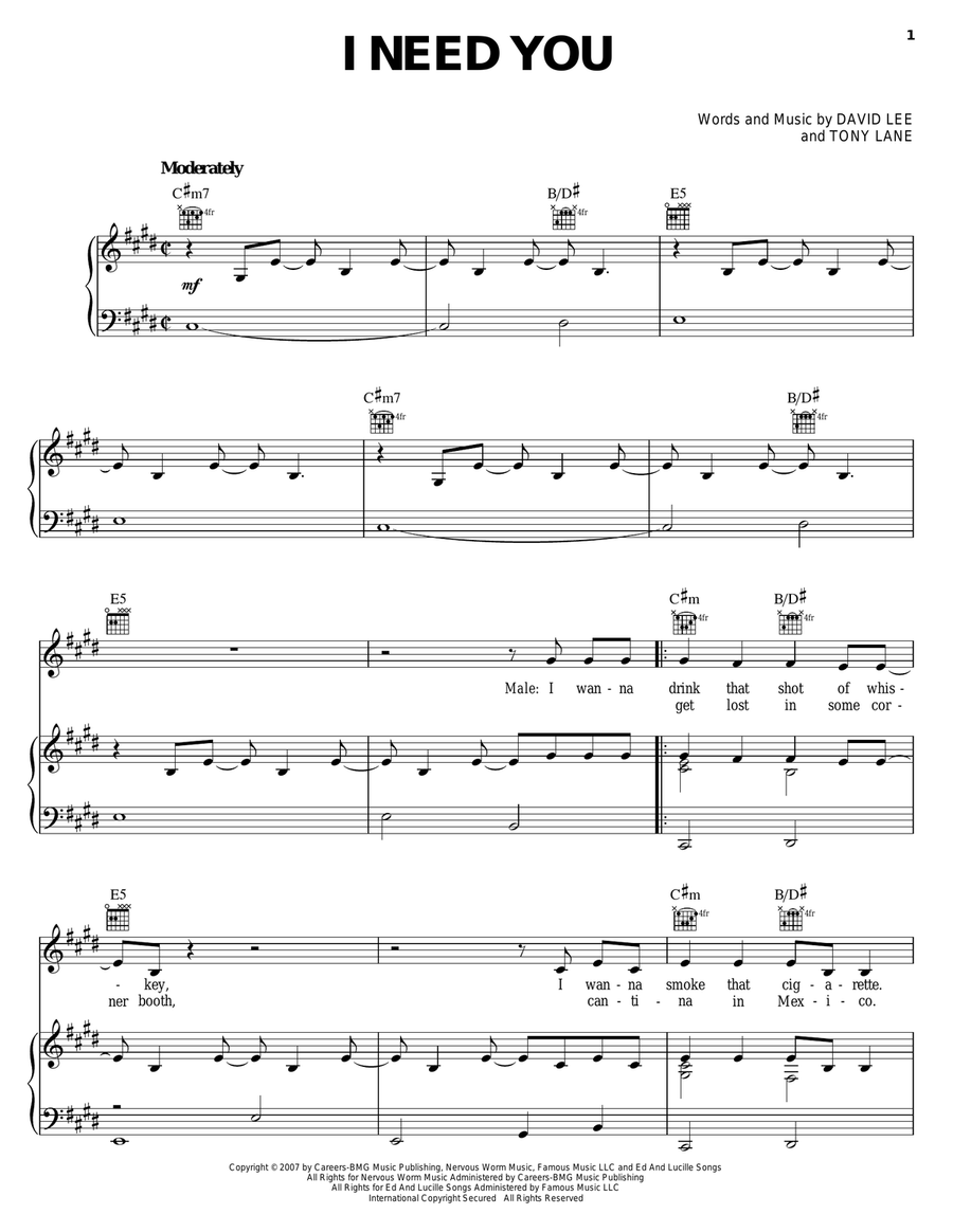 I Need You Piano, Vocal, Guitar scores gallery preview page 1