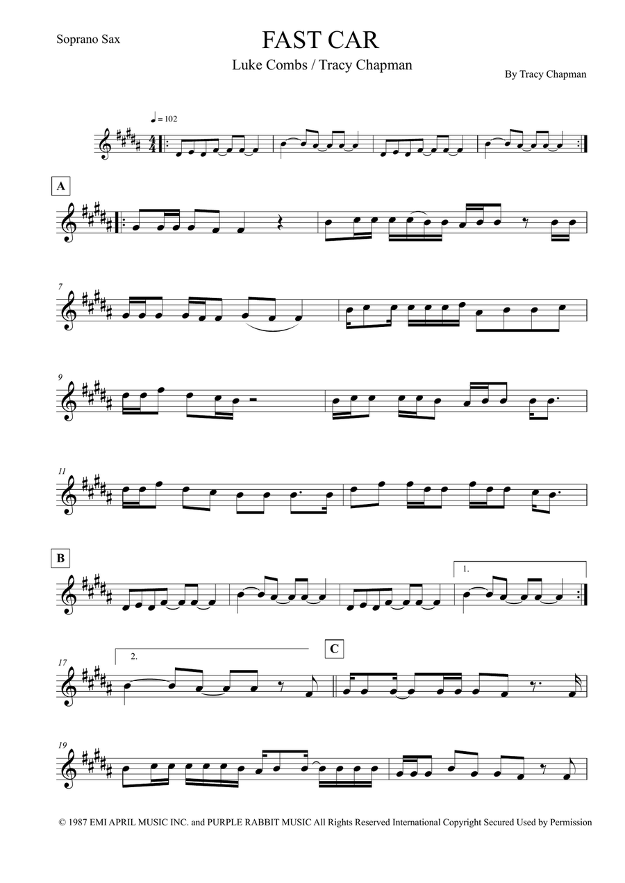 Fast Car Soprano Saxophone scores gallery preview page 1