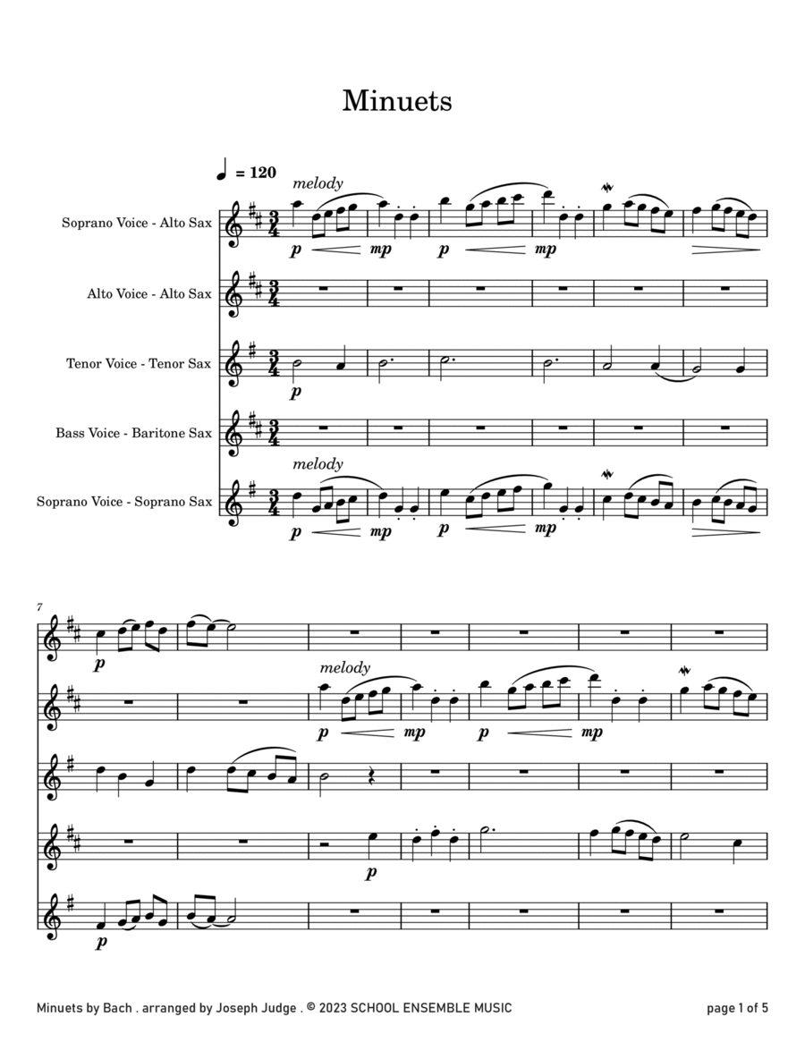 Minuets by Bach for Saxophone Quartet in Schools Saxophone Quartet scores gallery preview page 1