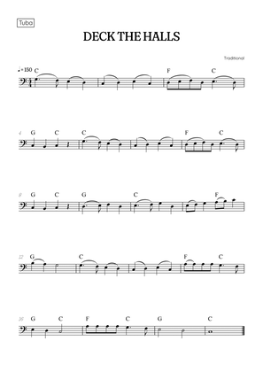 Deck the Halls for tuba • easy Christmas song sheet music with chords
