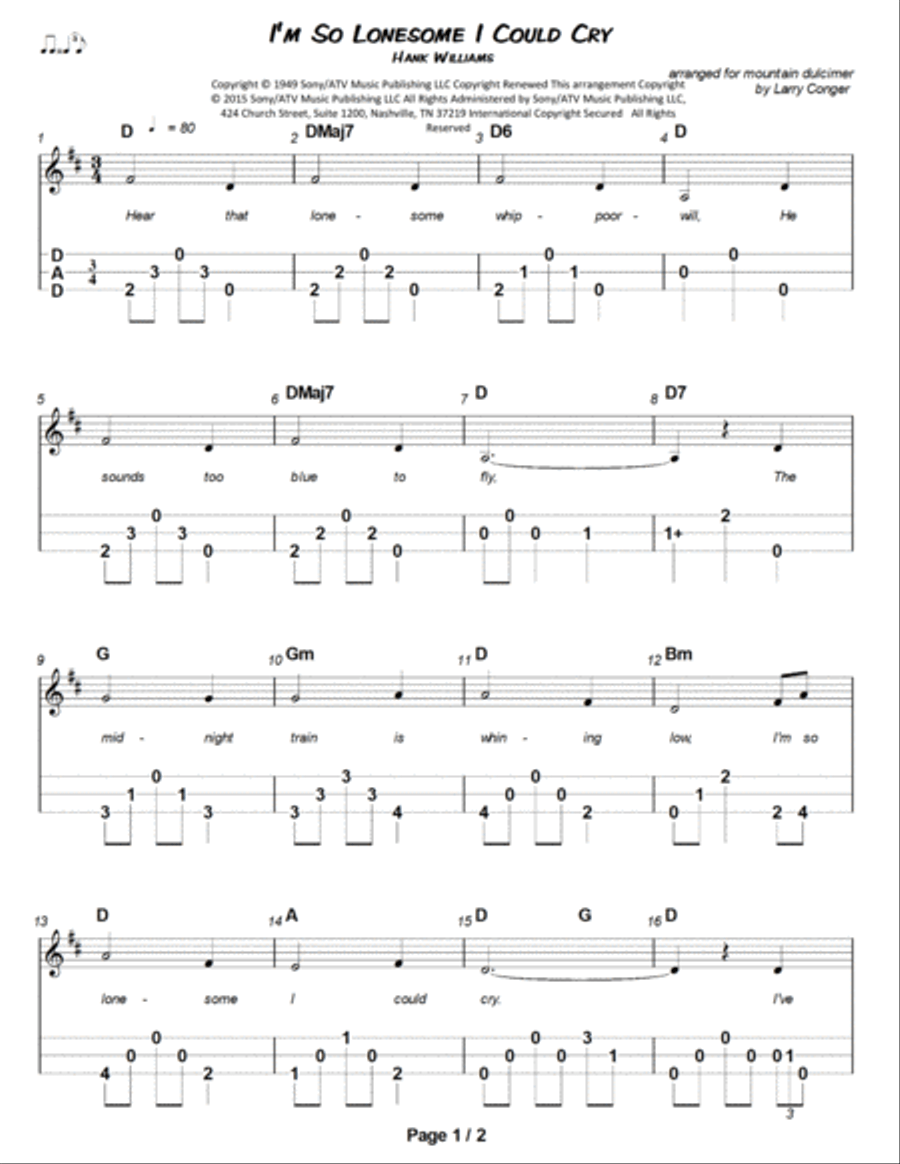 I'm So Lonesome I Could Cry Dulcimer scores gallery preview page 2