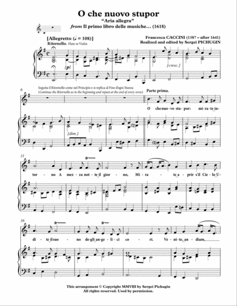 CACCINI Francesca: O che nuovo stupor, aria, arranged for Voice and Piano (E minor) image number null