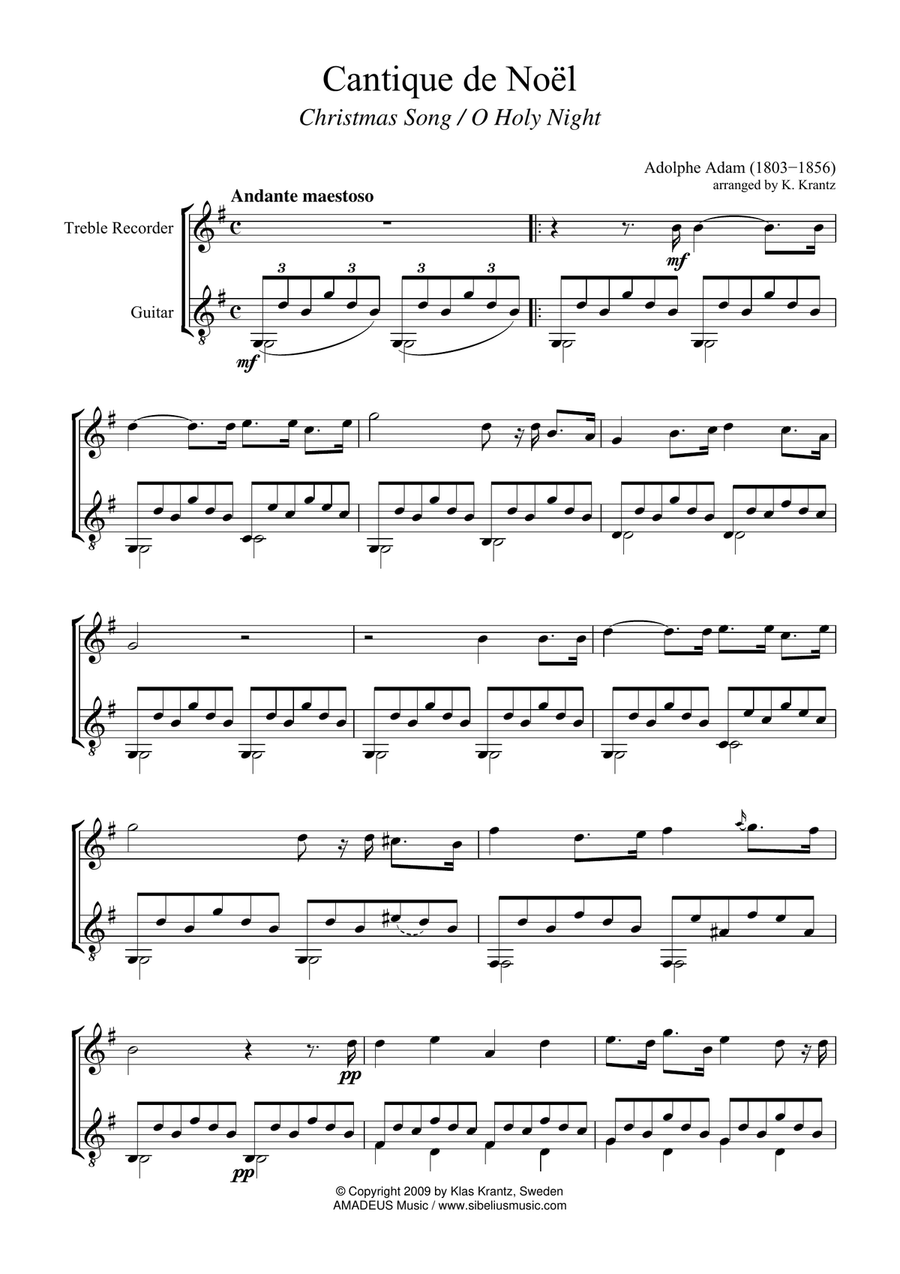O Holy Night / Cantique de noel for treble recorder and guitar O Holy Night / Cantique de noel for treble recorder and guitar Alto Recorder scores gallery preview page 1