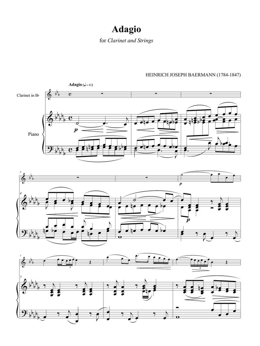 Heinrich Baermann: Adagio for Clarinet and Piano Heinrich Baermann: Adagio for Clarinet and Piano Clarinet Solo scores gallery preview page 1