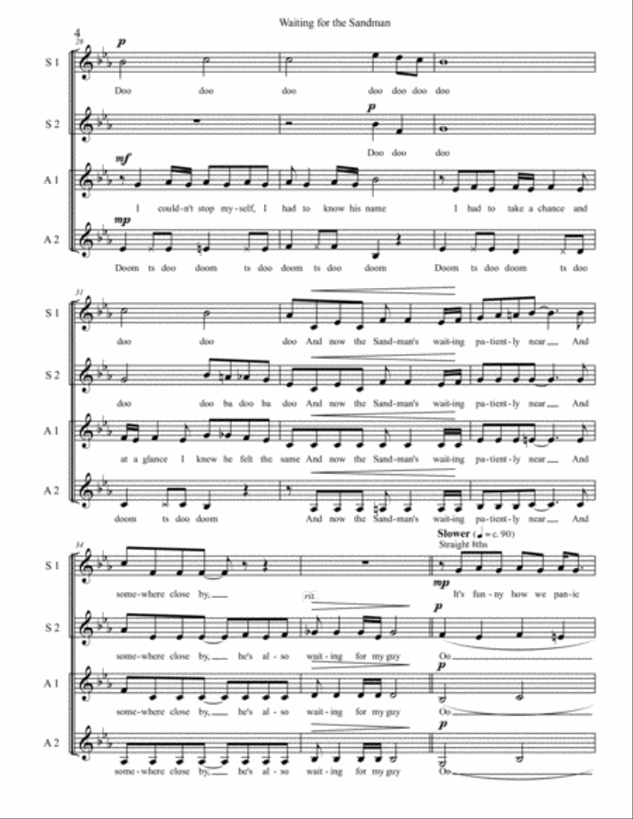 Waiting for the Sandman (SSAA, a cappella) - original jazz song by Sarah and Gil Jaysmith SSAA scores gallery preview page 4