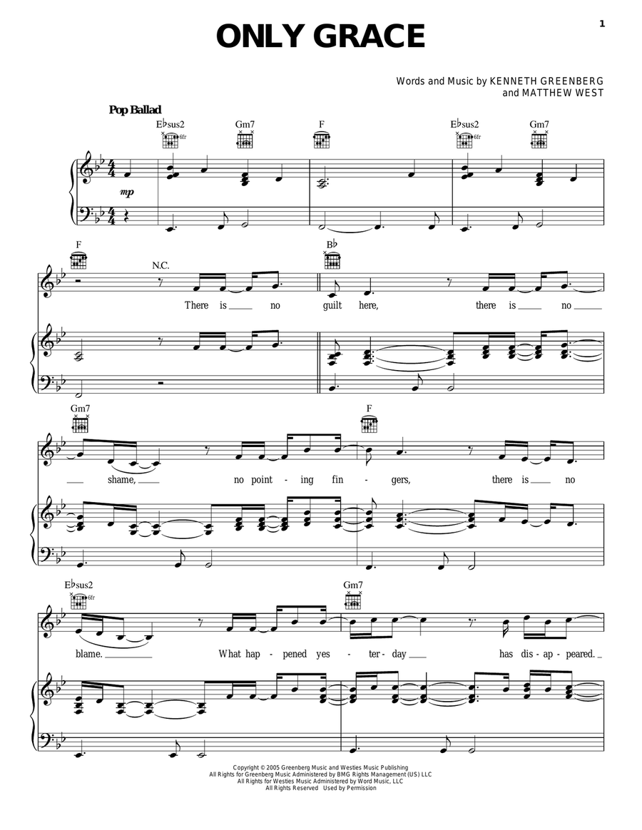 Only Grace Piano, Vocal, Guitar scores gallery preview page 1