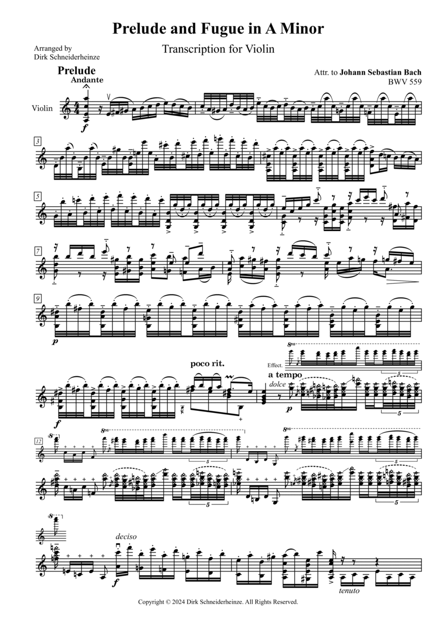 Prelude & Fugue in A Minor (BWV 559) - Solo Violin Transcription Violin Solo scores gallery preview page 1