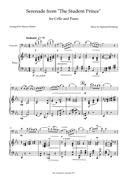 Serenade from ''The Student Prince' for Cello and Piano