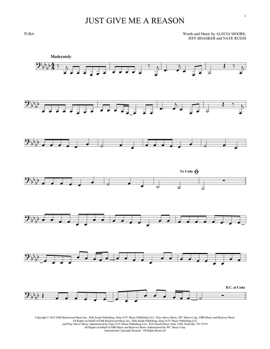 Just Give Me A Reason (feat. Nate Ruess) Tuba scores gallery preview page 1
