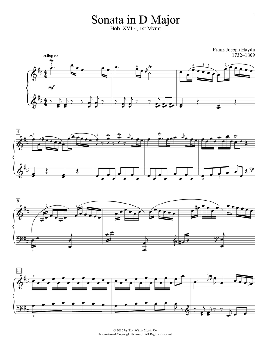 Sonata In D Major, Hob. XVI:4, 1st Mvmt Piano Method scores gallery preview page 1