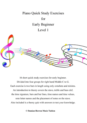 Piano Quick Study Exercises for Early Beginner Level 1