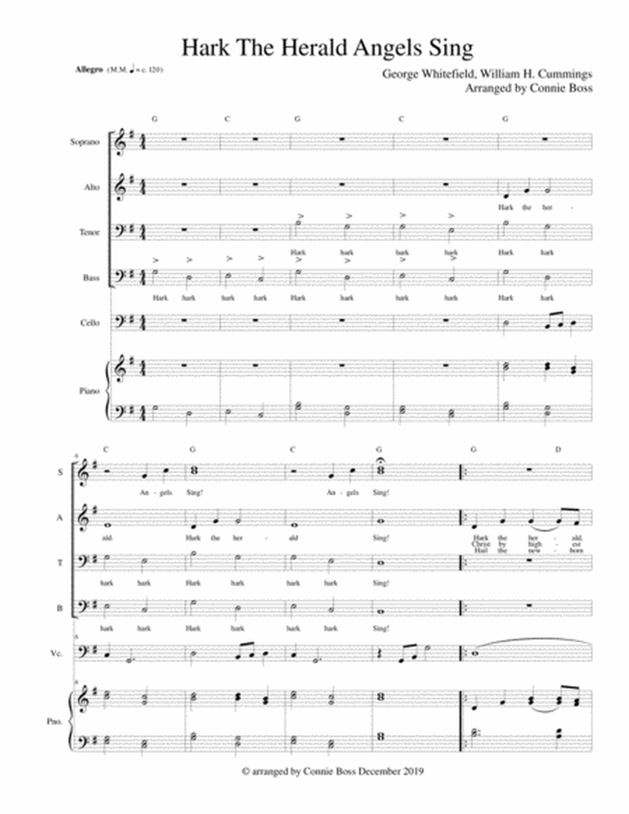 Hark the Herald Angels Sing - cello, SATB piano image number null