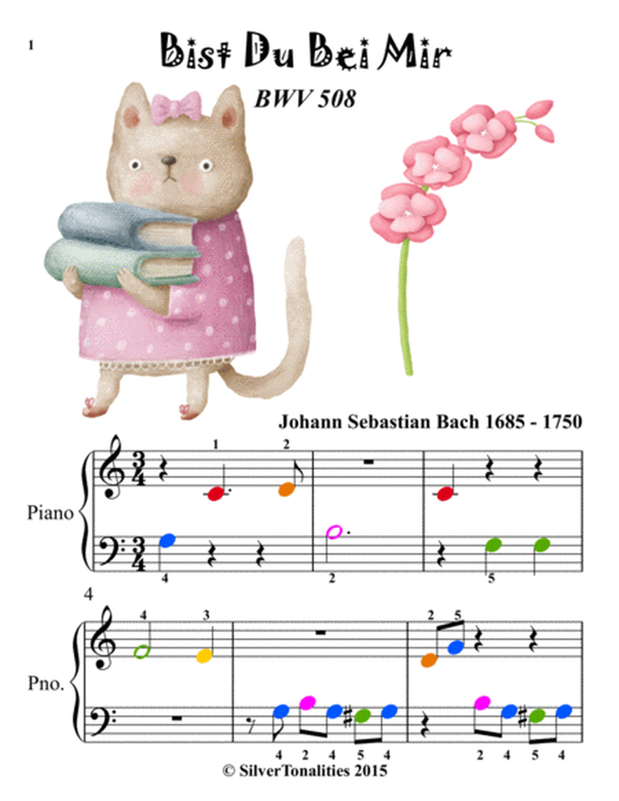 Bist Du Bei Mir BWV 508 Beginner Piano Sheet Music with Colored Notation