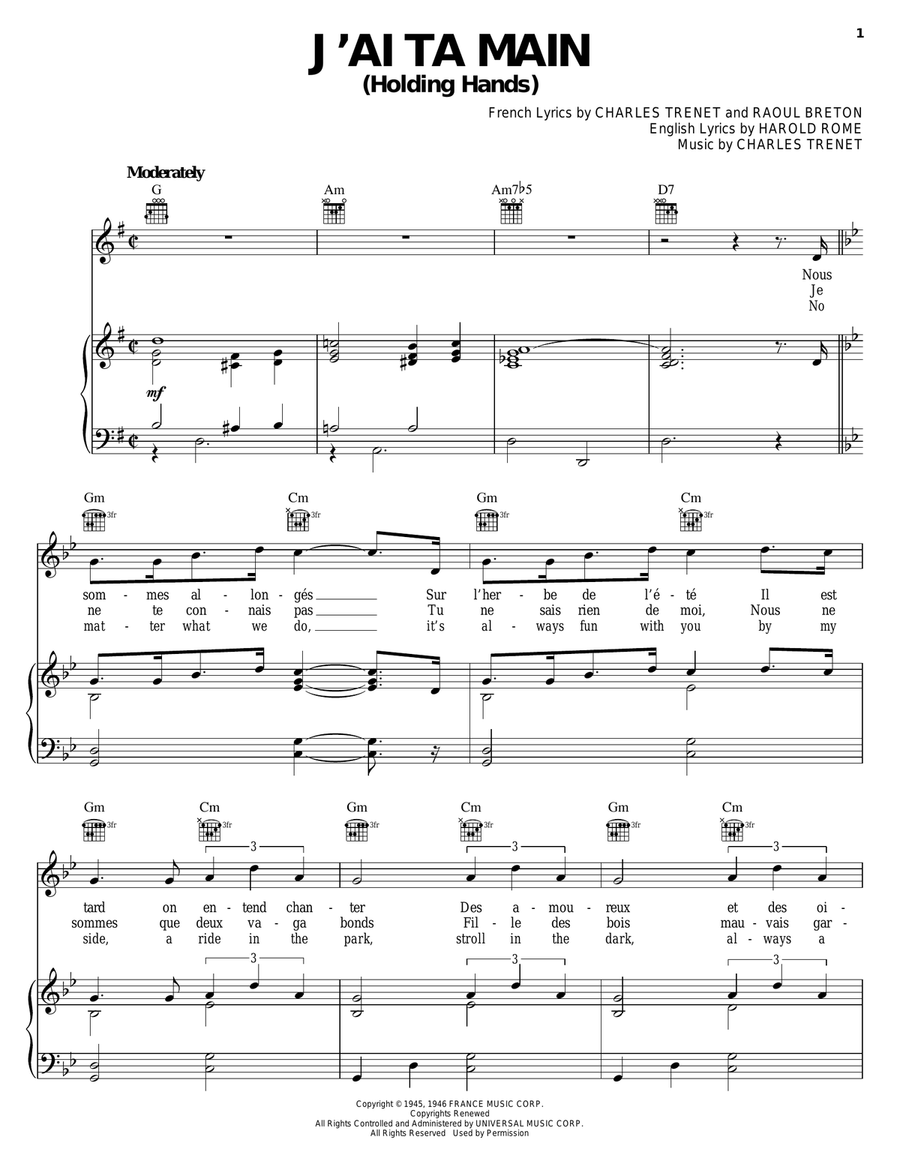 J'ai Ta Main (Holding Hands) Piano, Vocal, Guitar scores gallery preview page 1