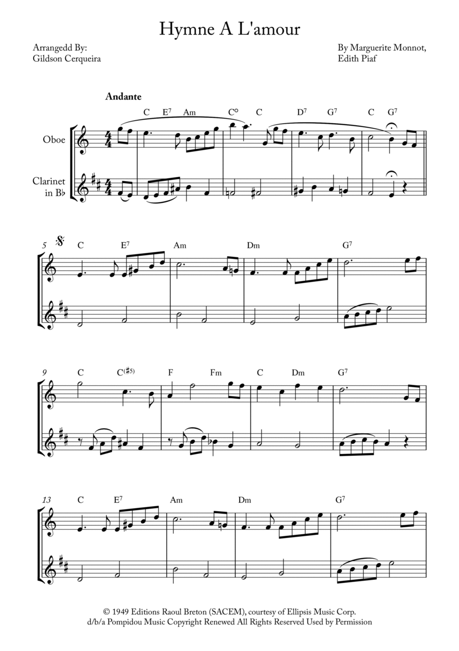 Hymne A L'amour Woodwind Duet scores gallery preview page 1