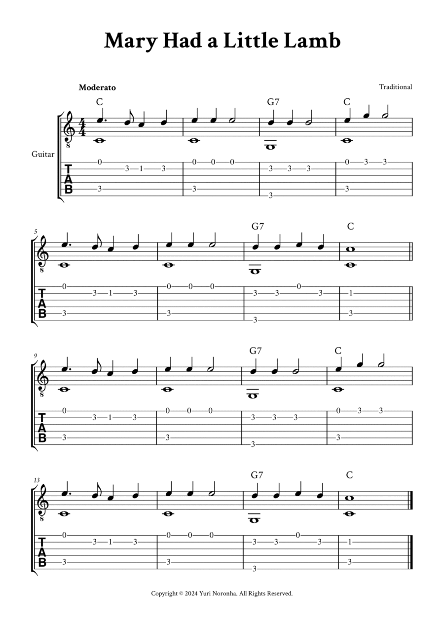 Mary Had a Little Lamb - Fingerstyle Guitar (with TAB, Chords) Acoustic Guitar scores gallery preview page 1