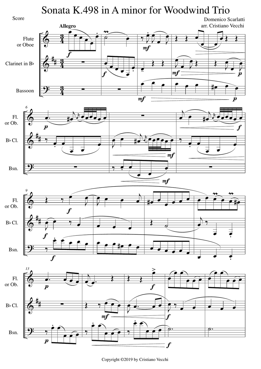 Sonata K.498 in A minor for Woodwind Trio Woodwind Trio scores gallery preview page 1