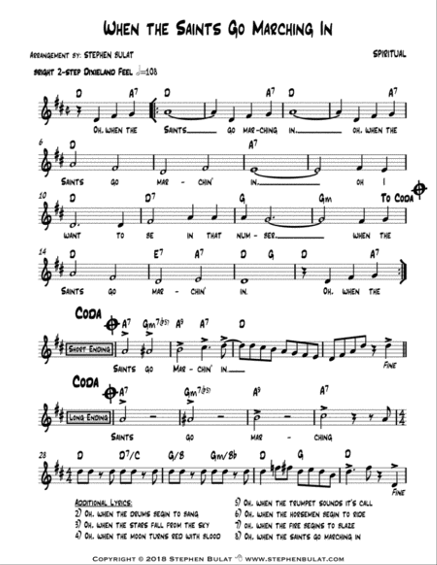 When The Saints Go Marching In (Louis Armstrong) - Lead sheet (key of D) Jazz Ensemble scores gallery preview page 1