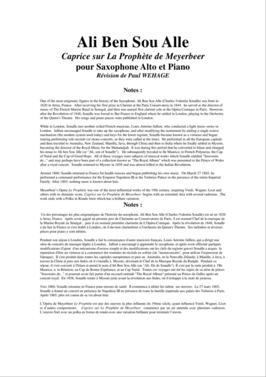 Ali Ben Sou Alle: Caprice sur La Prophète de Meyerbeer for alto saxophone and piano Alto Saxophone scores gallery preview page 1