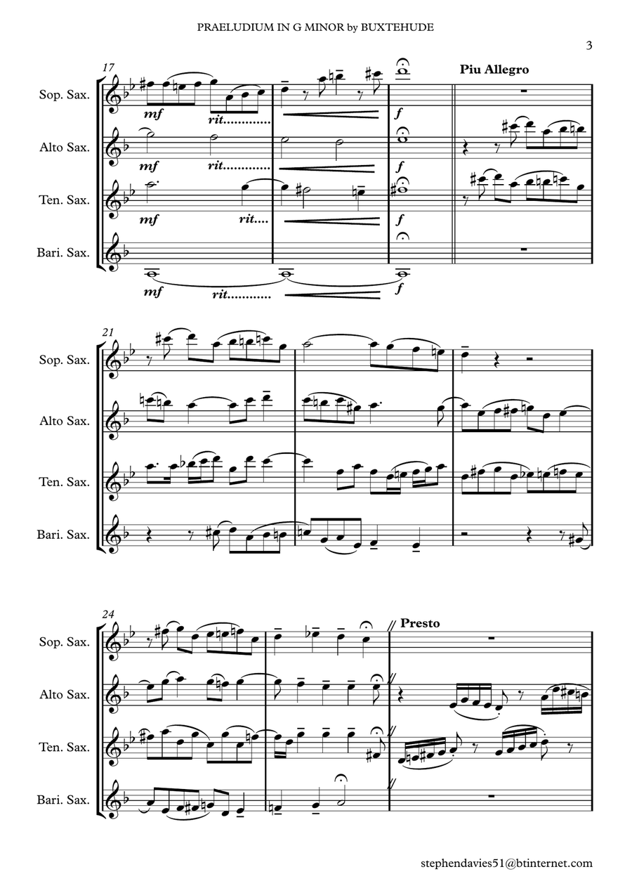 Praeludium & Fugue in G Minor by Dietrich Buxtehude (Buxwv148) for Saxophone Quartet. Saxophone Quartet scores gallery preview page 3