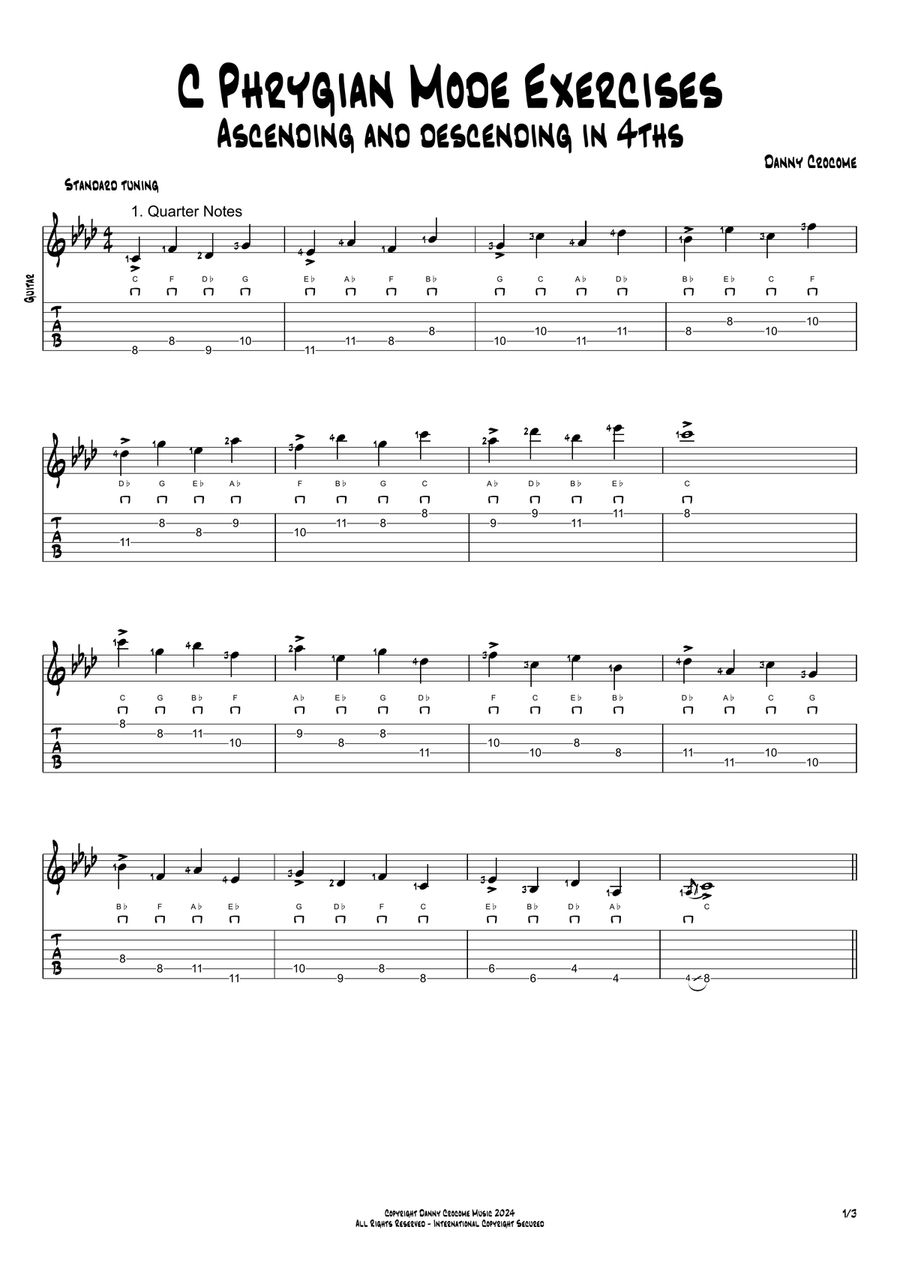 C Phrygian Mode Exercises - Ascending and Descending in 4ths Acoustic Guitar scores gallery preview page 1