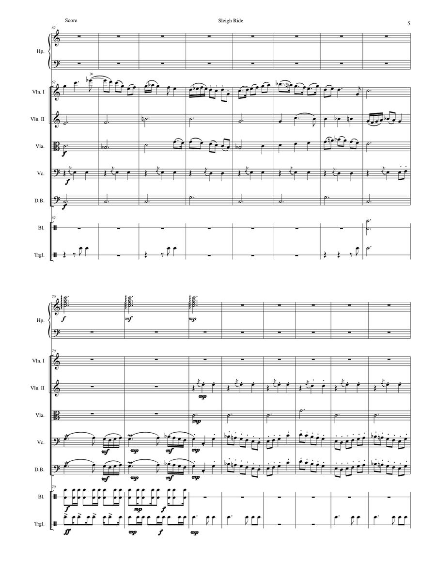 Sleigh ride for strings, harp, bells and triangle String Orchestra scores gallery preview page 5