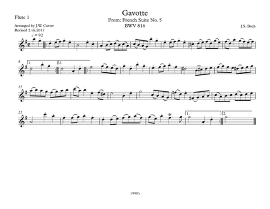 Gavotte, from French Suite No. 5, BWV 816, by J.S. Bach, arranged for 2 Flutes & Cello image number null