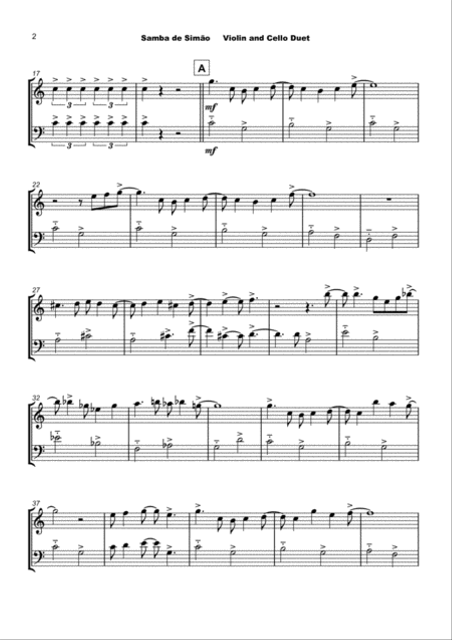 Samba de Simão, for Violin and Cello Duet String Duet scores gallery preview page 3