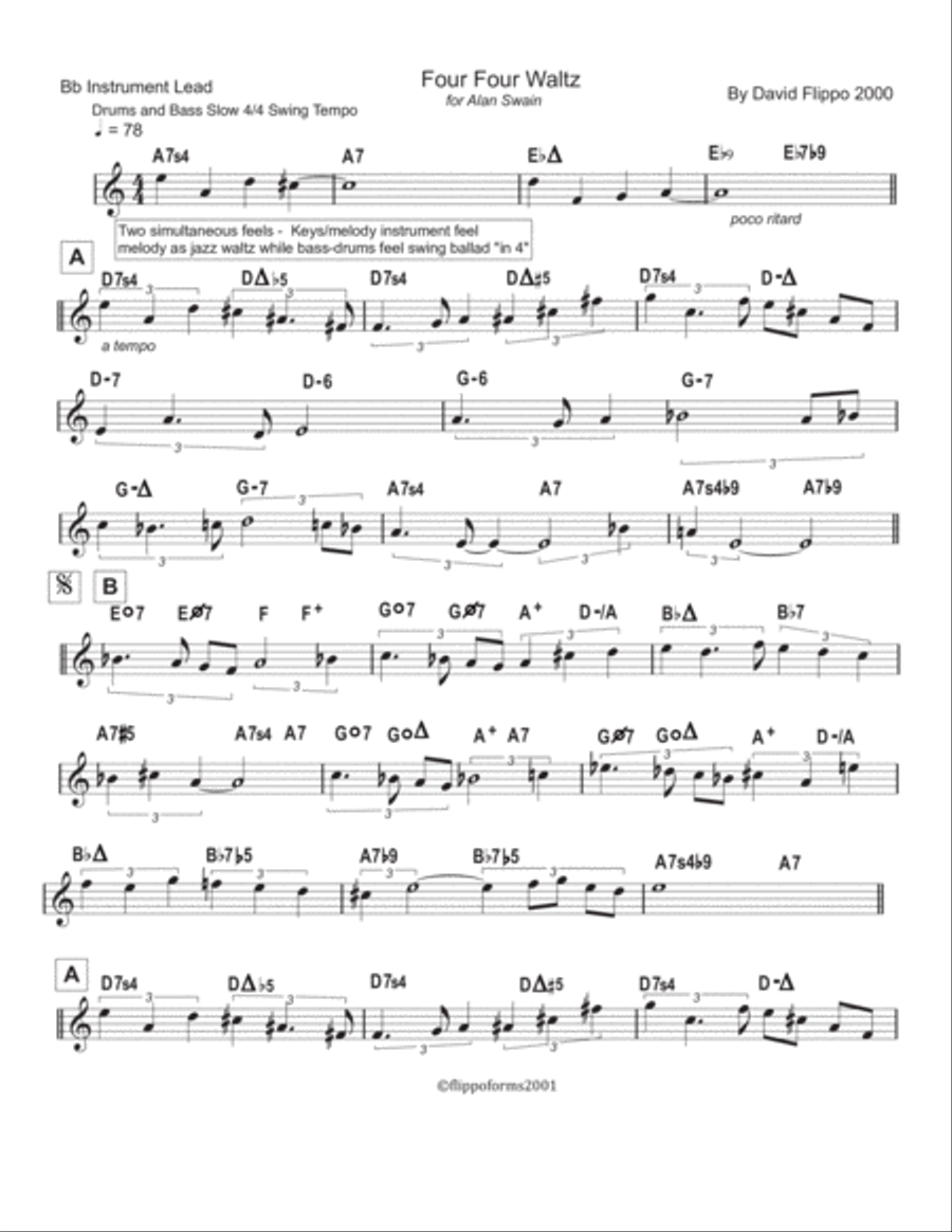 FOUR-FOUR WALTZ - Lead Sheets in C, Bb and Eb Jazz Ensemble scores gallery preview page 4